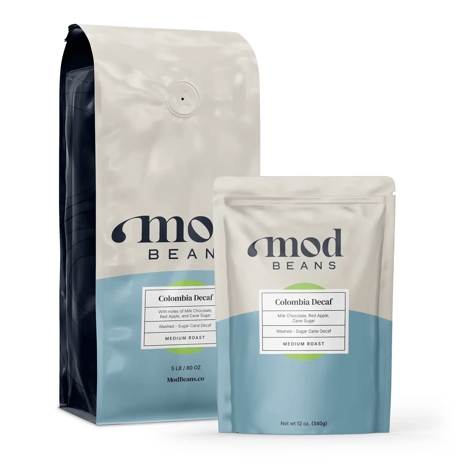 A 5lb bag of Colombia Decaf coffee alongside a 12oz bag of Colombia Decaf Coffee from Mod Beans