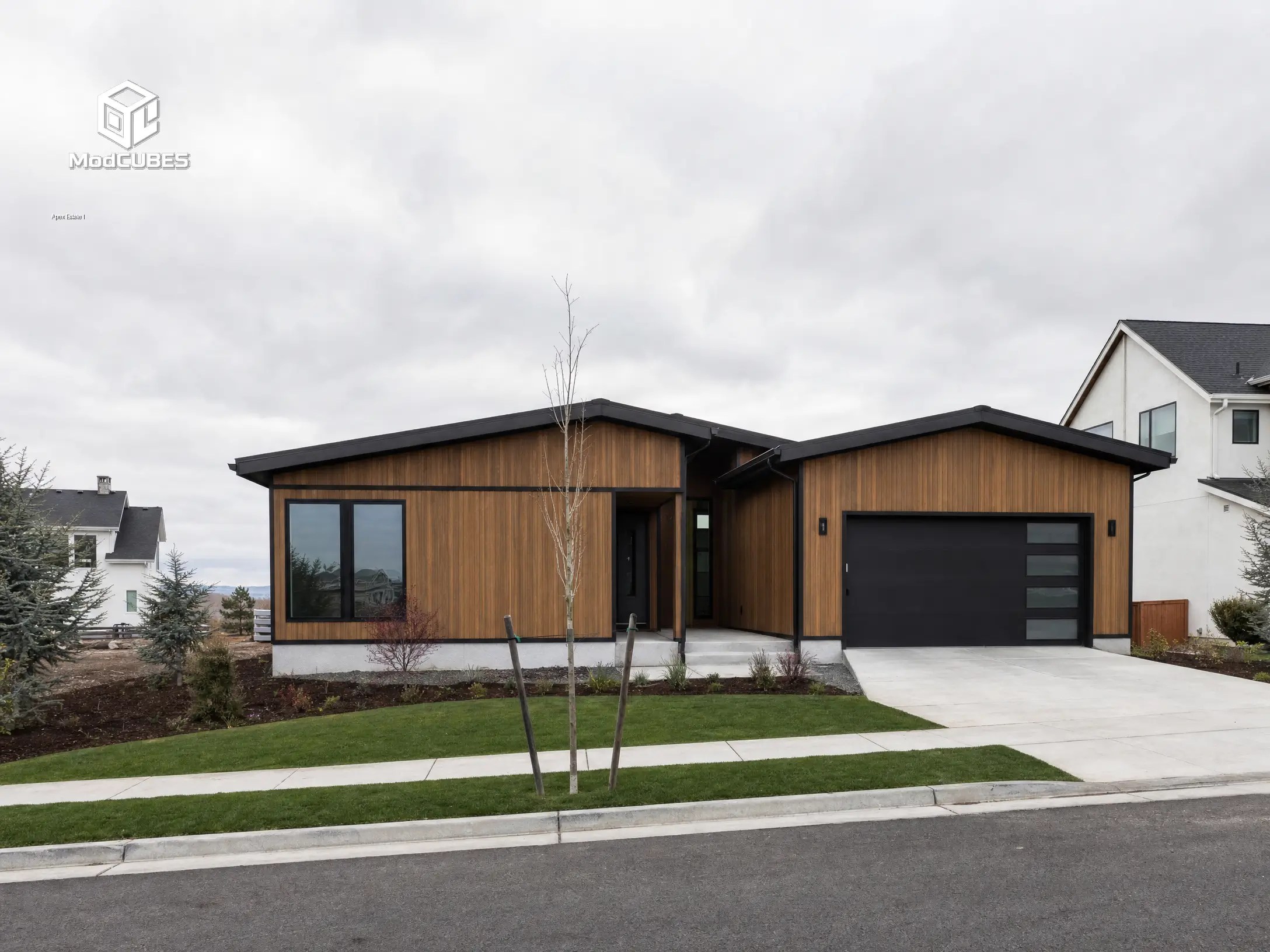 Apex Estate modular home with attached garage and modern wood exterior