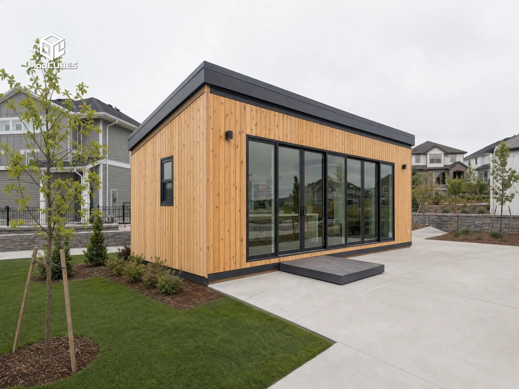 Apex III modern modular ADU with wood siding and large floor-to-ceiling windows