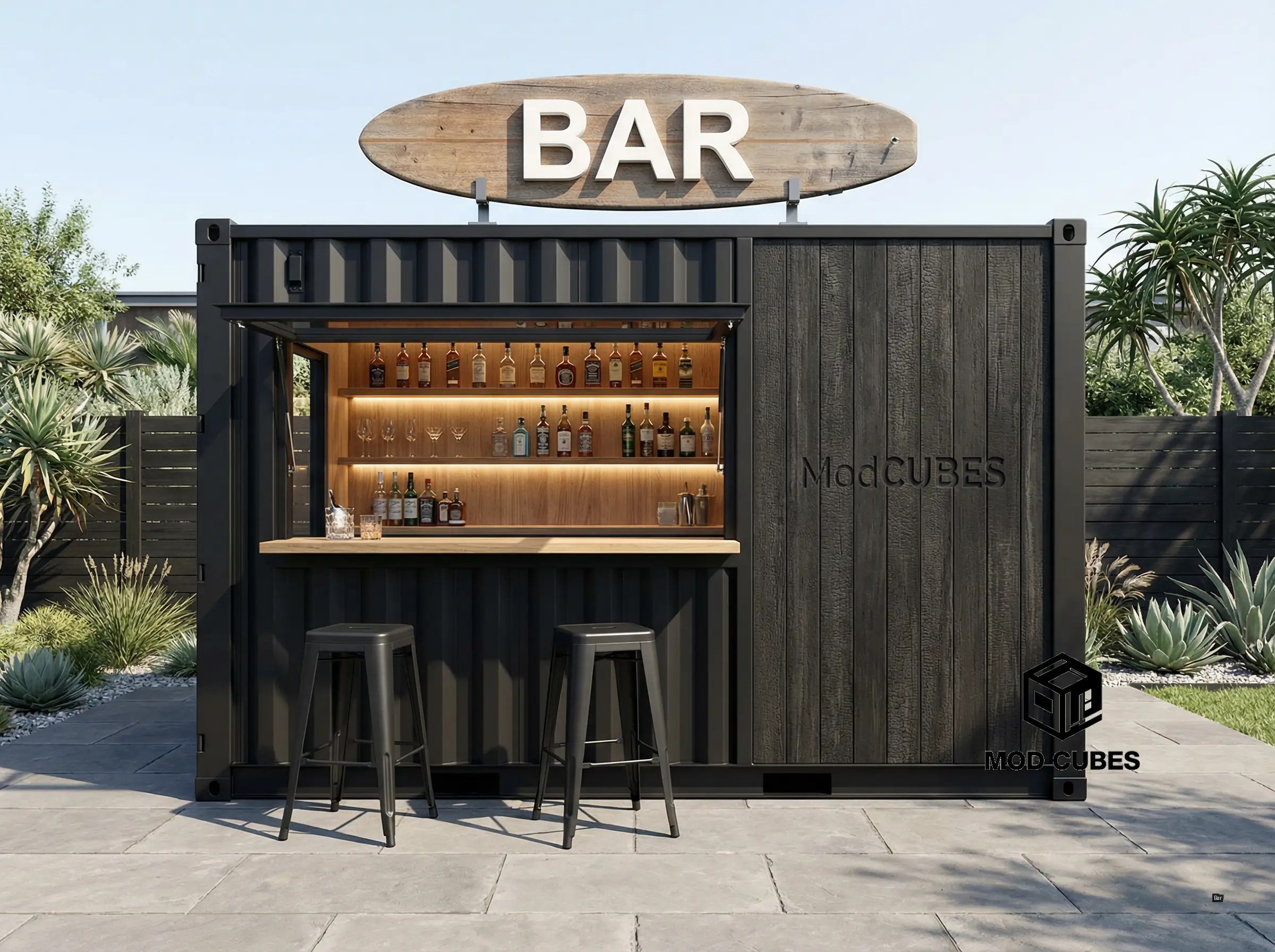 Compact shipping container bar with black exterior, service window and outdoor seating