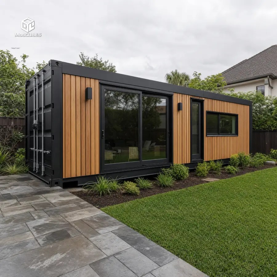 Cargo Cube shipping container ADU with black steel exterior, wood cladding and large windows