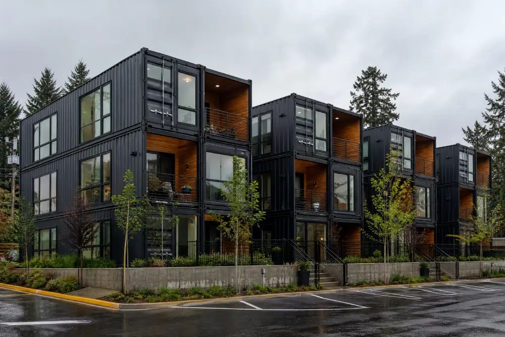 Multi-story shipping container apartment development with modern black and wood exterior