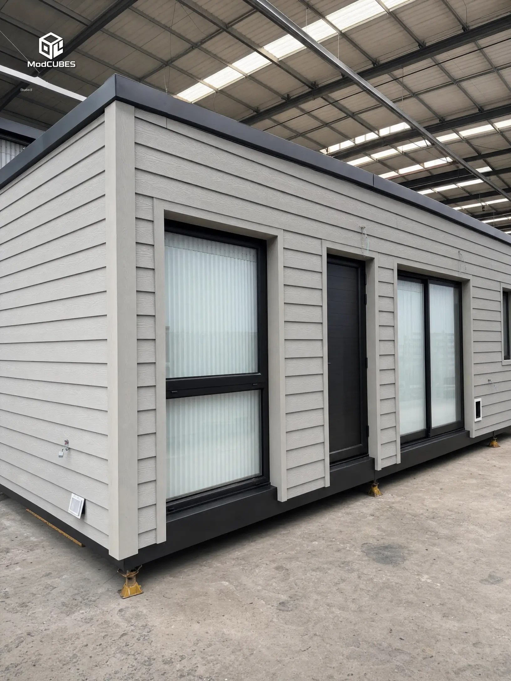 White modular building on the ModCubes production floor