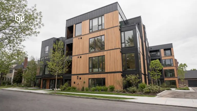Multi-story steel-frame modular apartment building with wood cladding and modern residential facade