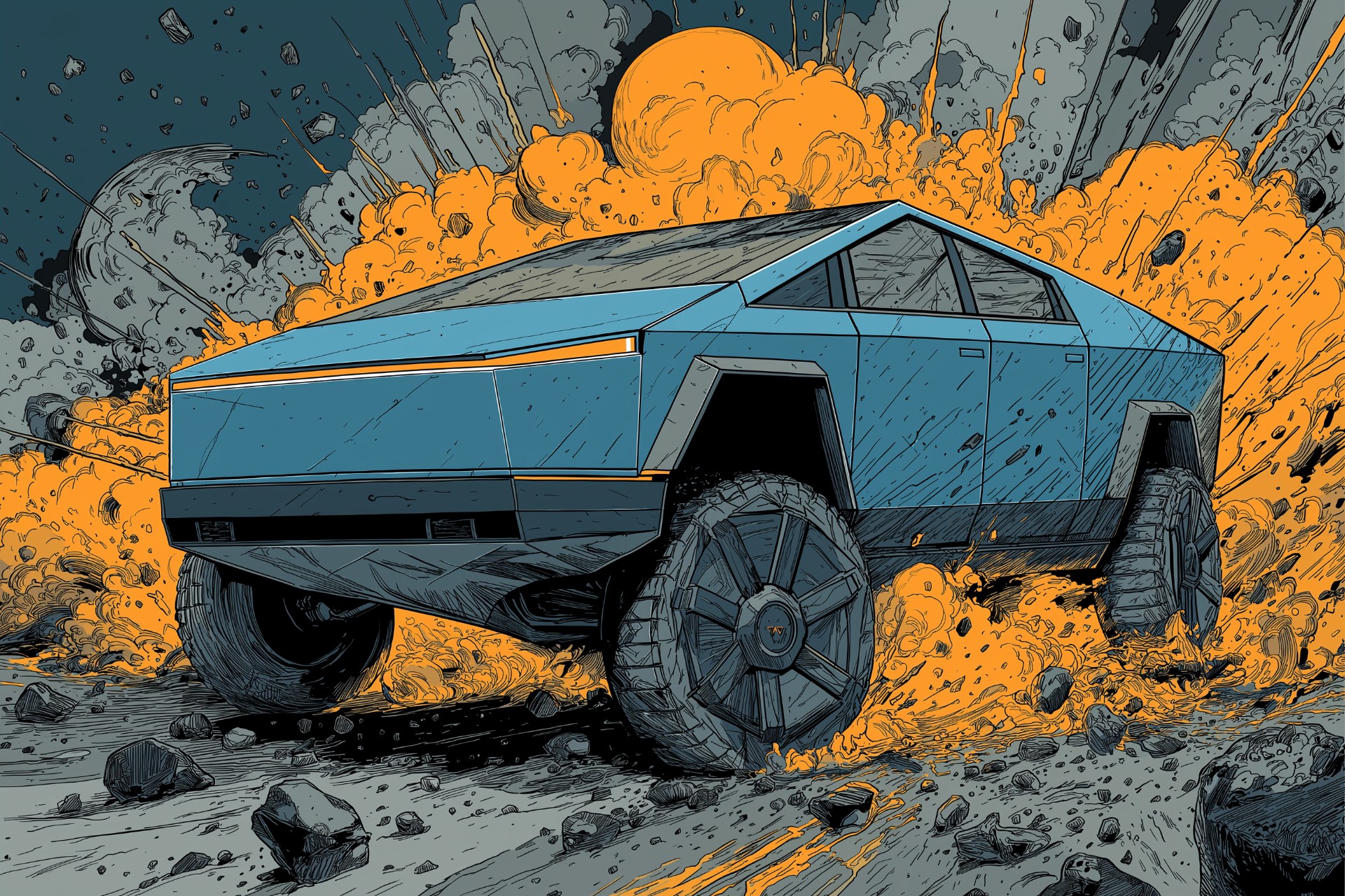 an exploding cybertruck