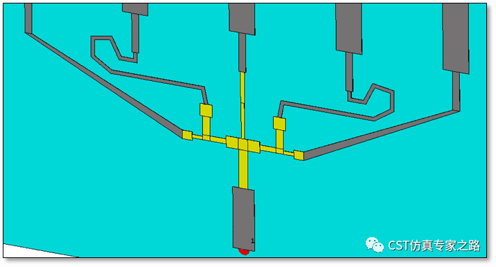 Schematic diagram of a mechanical or electronic system. The system consists of interconnected components in yellow and gray colors, against a blue background. Yellow components appear to be central connectors or junctions, while gray components are conduits or pathways leading to other parts of the system. Multiple pathways branch out from the central yellow structure, indicating a complex network of connections. Text in Chinese at the bottom right reads 'CST仿真专家之路,' translating to 'CST Simulation Expert Road.' The diagram represents a technical system layout, likely for educational or professional engineering purposes.