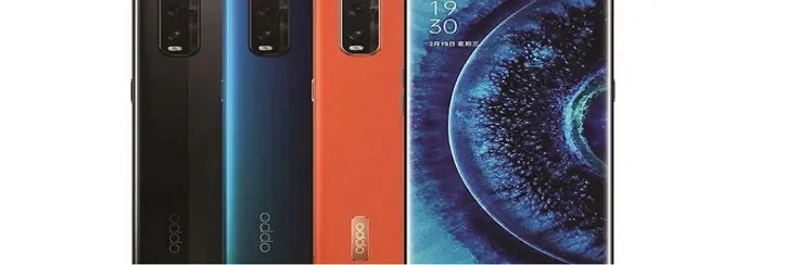 OPPO smartphone lineup showcasing rear camera design, gradient color finishes, and front AMOLED display with high-resolution screen.