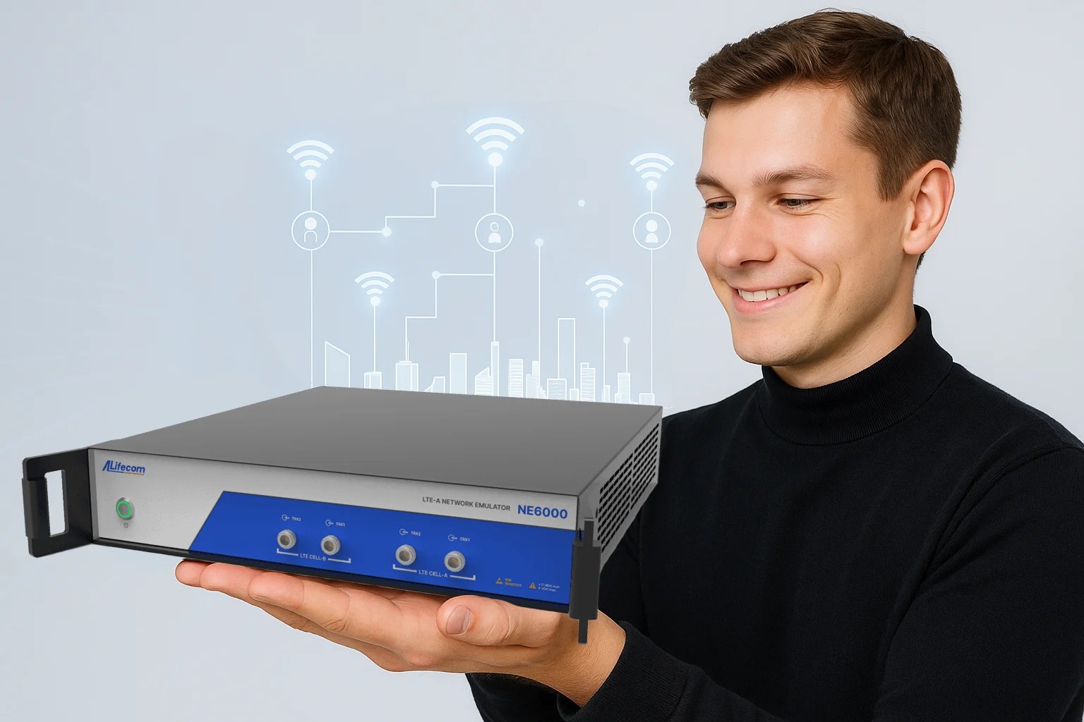 Smiling technician showcasing Alifecom NE6000 LTE-A wireless network emulator against smart city background, highlighting telecom R&D and IoT connectivity testing.
