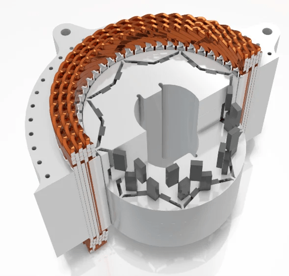 Electric motor cutaway model with copper windings and laminated core for electric drive simulation and design optimization using CAE tools.