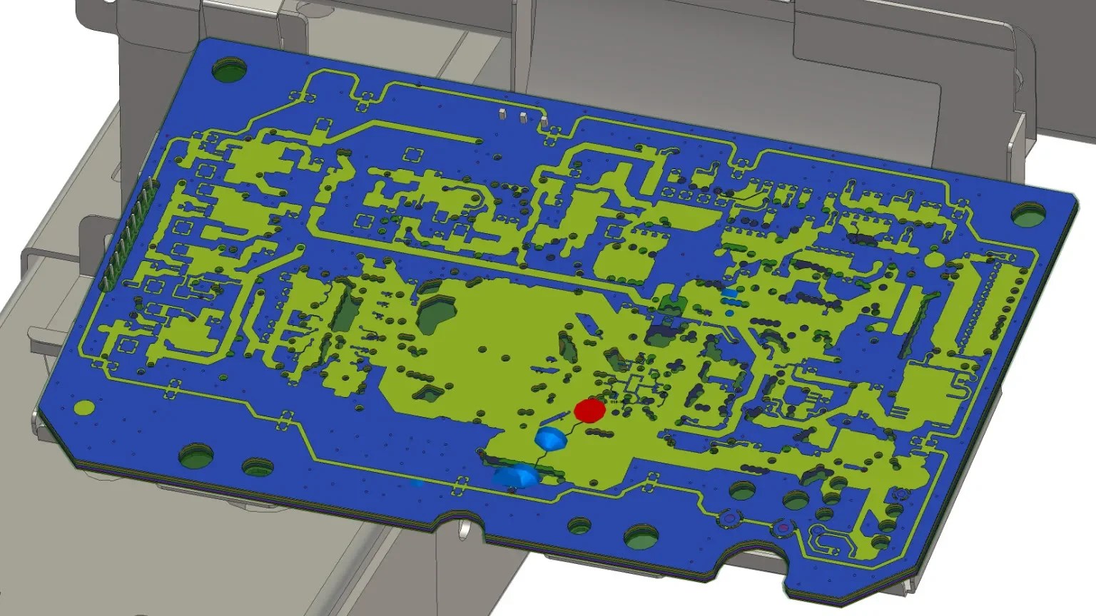 Electromagnetic simulation of multilayer PCB layout showing component footprints and routing for EMI/EMC and signal integrity analysis in electronic circuit design.