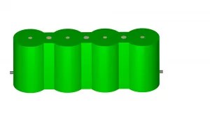 3D model of cylindrical battery cell pack configuration for thermal and structural simulation.