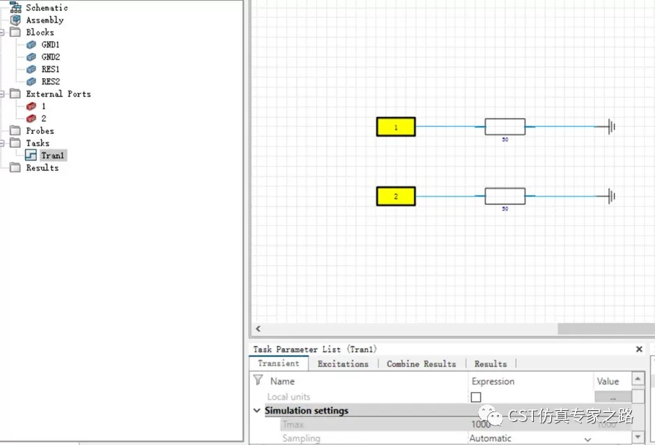 CST schematic view of transient simulation setup with two 50-ohm resistor blocks and external ports for signal integrity analysis
