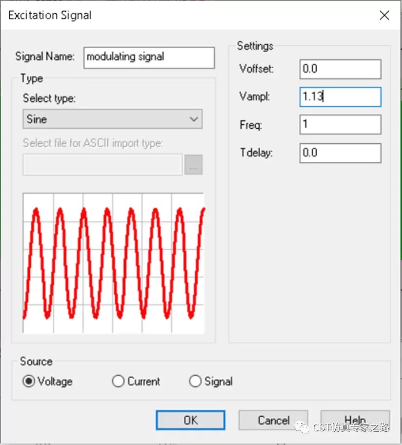 CST Excitation Signal setup with sine waveform parameters including amplitude, frequency, and voltage source for time-domain simulation