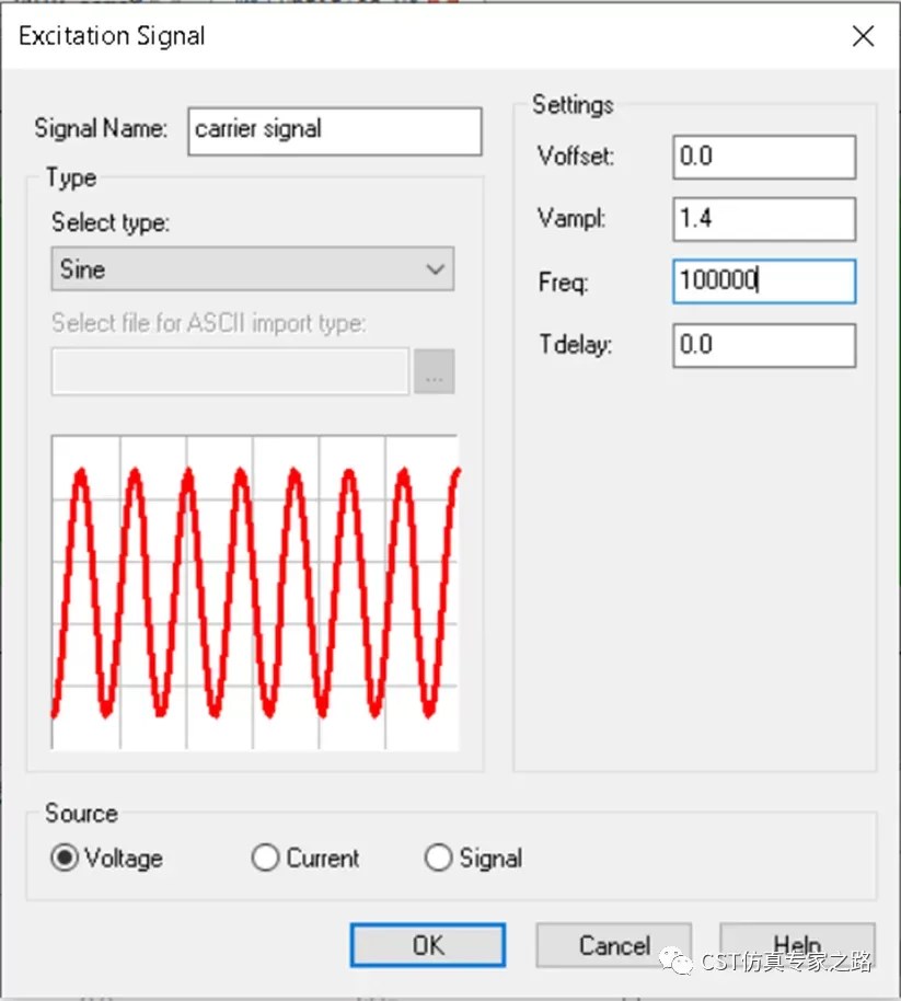 Carrier signal setup in CST excitation signal dialog with sine waveform, 100 kHz frequency, and 1.4V amplitude for RF simulation