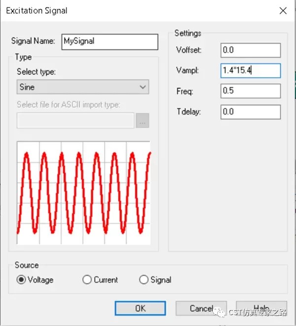 CST Excitation Signal Settings Window Showing Sine Waveform with Amplitude Expression Input.