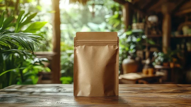 Eco-friendly kraft paper stand-up pouch on wooden table with tropical natural background for sustainable packaging design