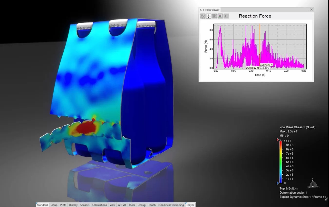 Finite element analysis of plastic packaging under impact using Von Mises stress simulation and reaction force graph in 3DEXPERIENCE platform