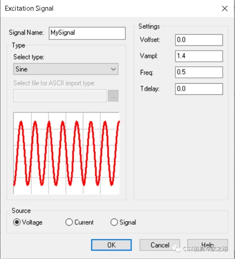CST Studio Suite Excitation Signal Setup Window for Sine Wave Voltage Source Simulation.