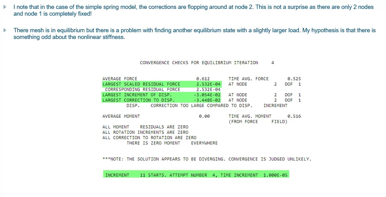 Abaqus convergence check log showing residual force and displacement correction with divergence warning.