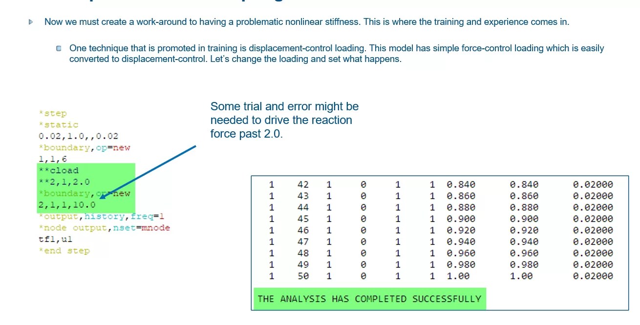 Abaqus simulation input and output log showing displacement control loading with successful analysis completion.