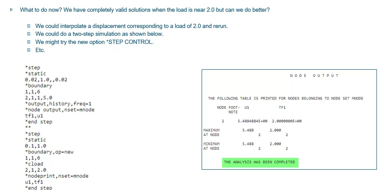 Abaqus input file with step control method and node output table showing successful finite element analysis completion.