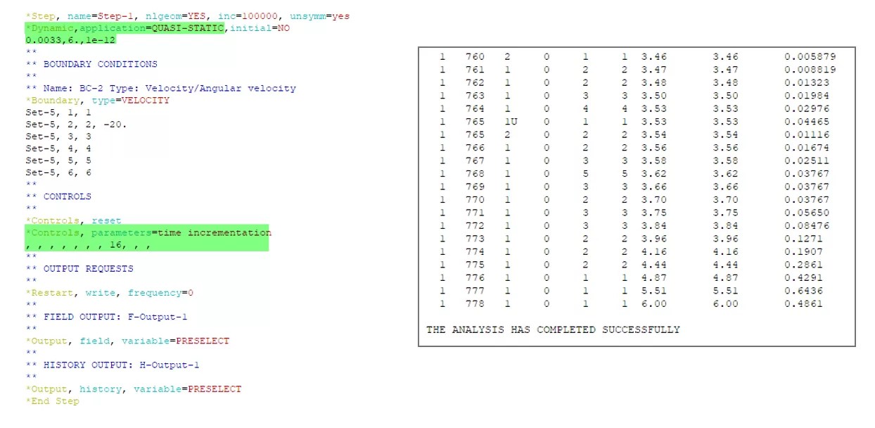 Abaqus input file with quasi-static step, velocity boundary conditions, and control parameters showing successful analysis completion.