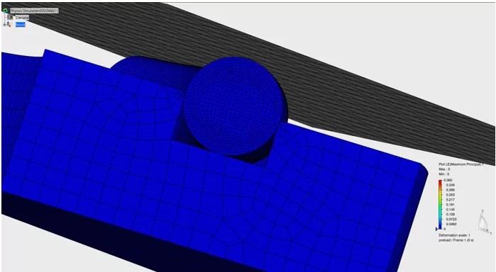 Finite element simulation of cylindrical roller contact showing maximum principal stress distribution in Abaqus