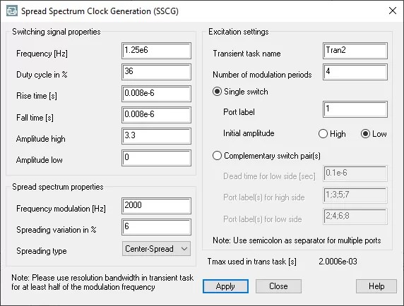 Spread Spectrum Clock Generation SSCG settings window showing frequency, duty cycle, rise time, fall time, and center-spread modulation parameters.