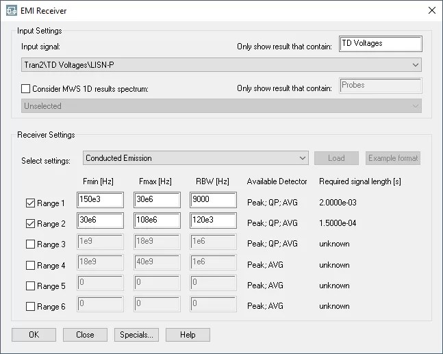 EMI receiver settings window for conducted emission test with input signal LISN-P and frequency ranges configuration in CST Studio Suite.