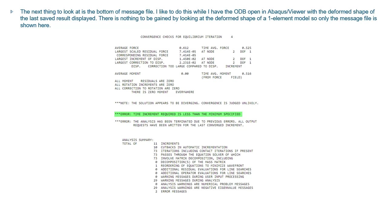 Abaqus simulation message file showing convergence error and analysis termination due to increment limits.