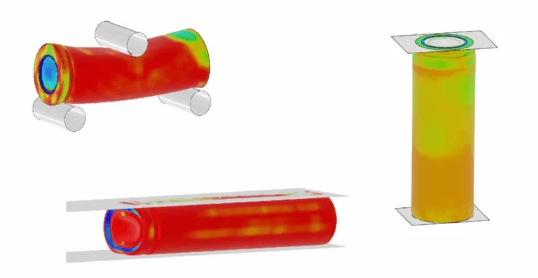 Finite element analysis of cylindrical lithium-ion battery showing mechanical deformation and stress distribution under compression.