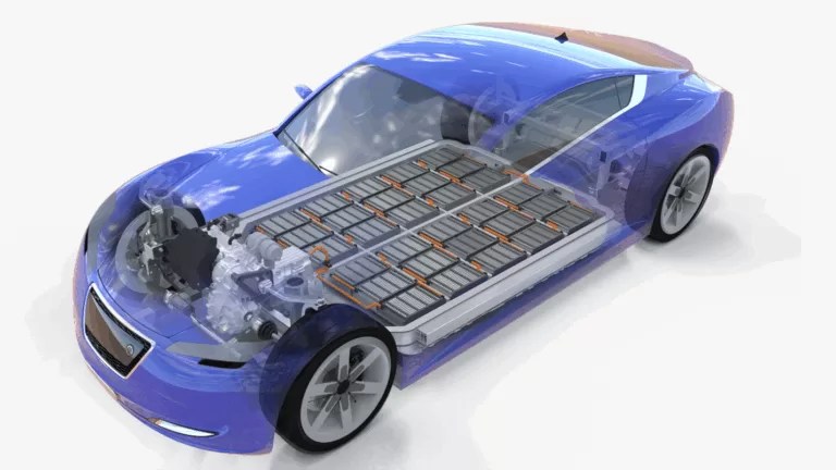 3D simulation model of electric vehicle showing battery pack architecture and powertrain system design
