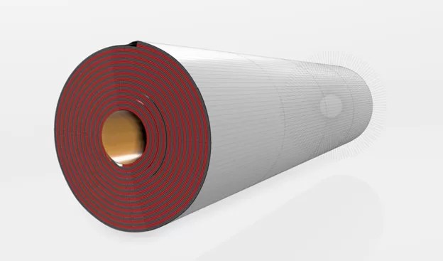 3D model of cylindrical lithium-ion battery cell showing electrode winding structure and separator layers.