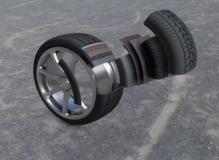 3D simulation of car tire cross section showing internal structure and materials using Dassault Systèmes modeling software