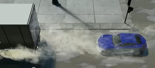 Vehicle aerodynamics and particle flow simulation showing dust dispersion behind a truck using CFD analysis in urban environment