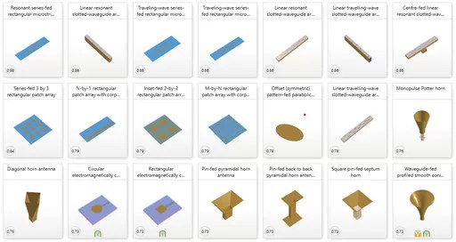 Antenna Magus library showing various antenna templates including microstrip patch, horn, waveguide, and parabolic reflector designs