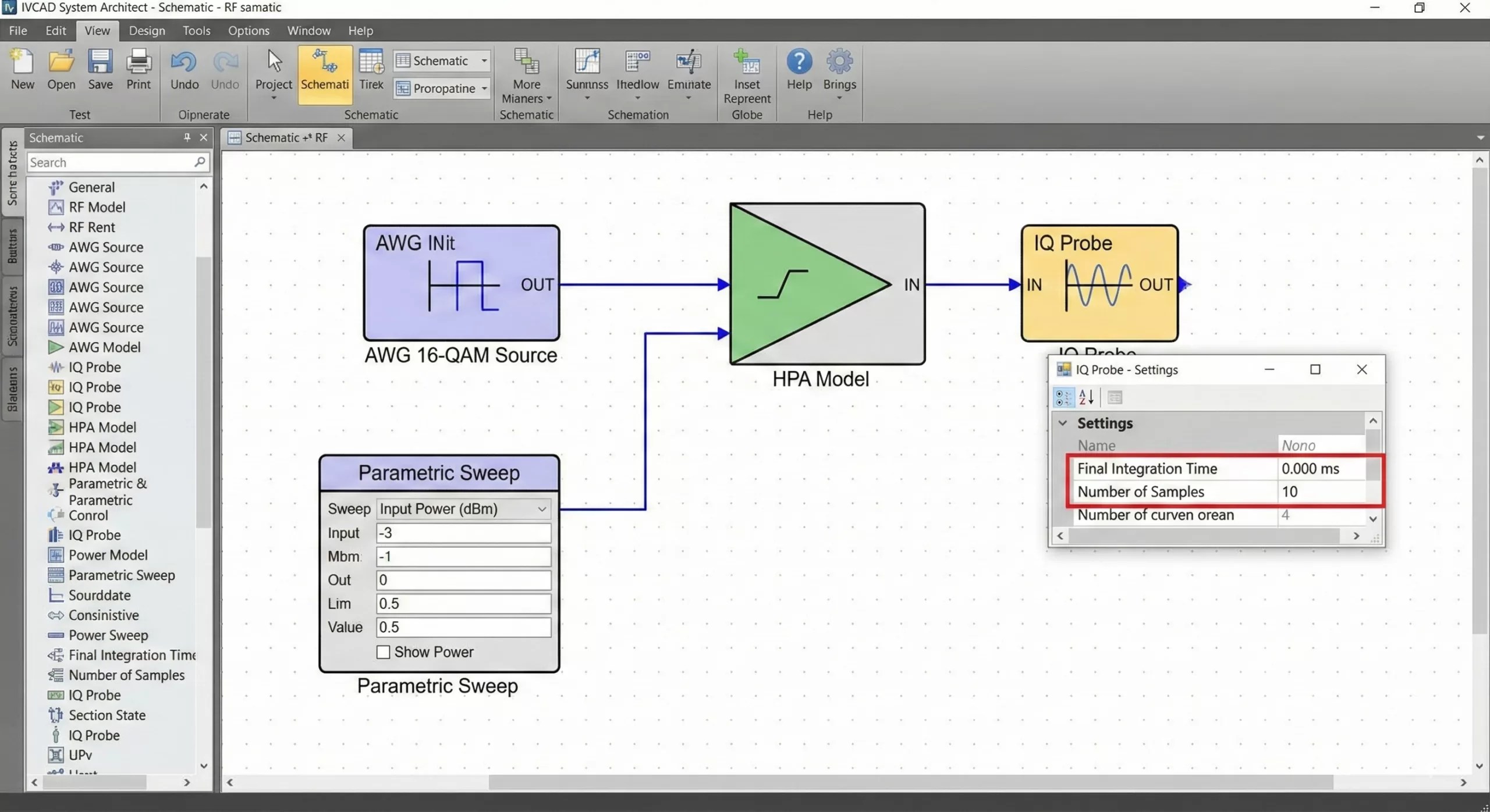 Screenshot of IVCAD System Architect schematic interface, featuring parametric sweep setup and IQ probe settings for RF measurement simulation.