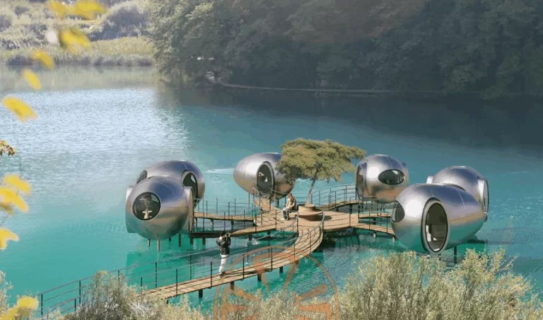 Photorealistic architectural rendering of futuristic egg-shaped modular pods on a lake, designed using CATIA parametric modeling for eco-tourism resorts.