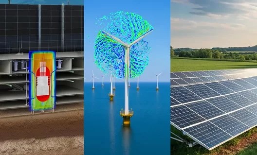 SIMULIA sustainable energy simulation showcase featuring thermal analysis for nuclear reactors, wake turbulence CFD for wind turbines, and solar farm efficiency solutions.