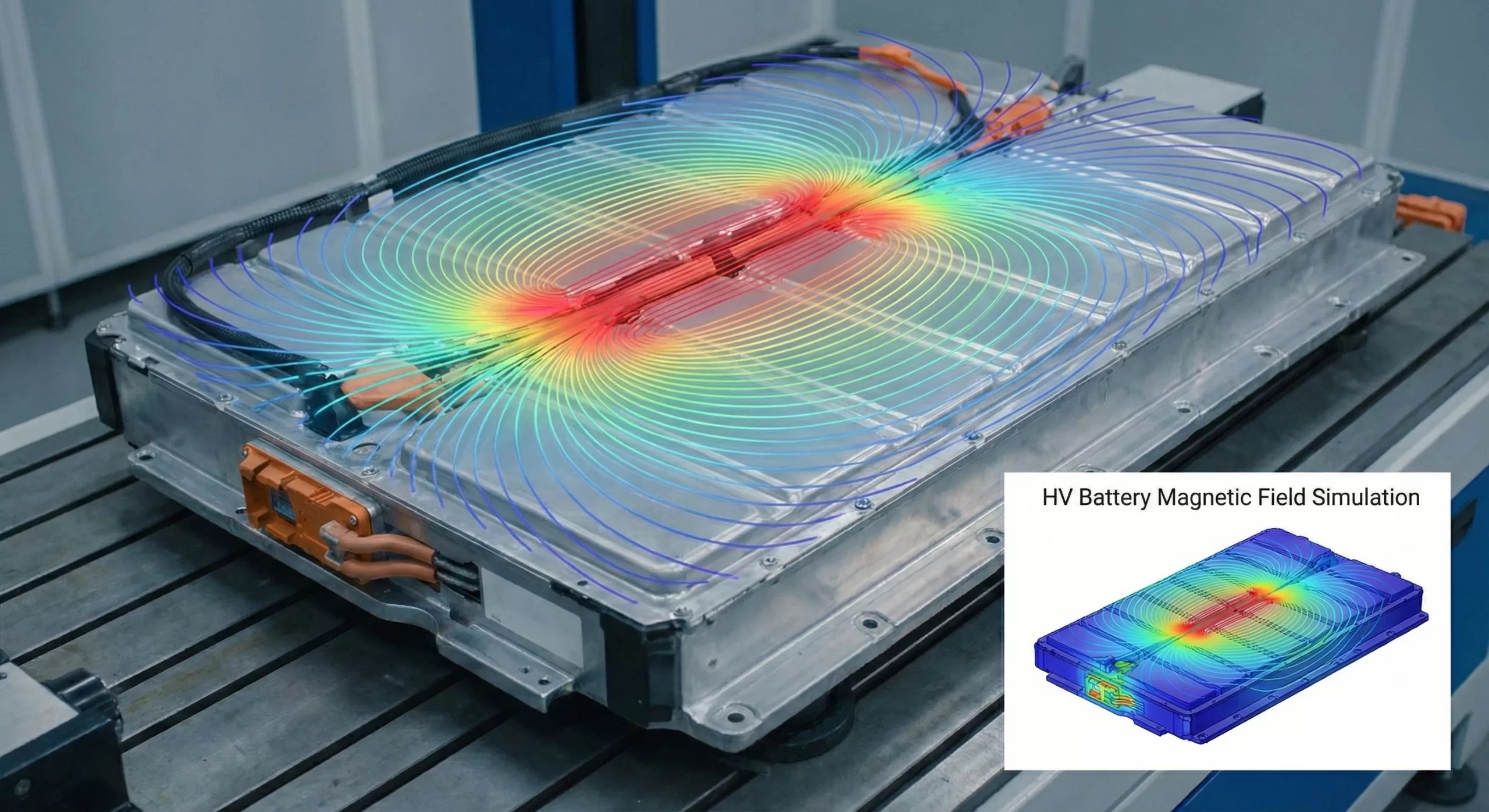 3D electromagnetic simulation of an EV high-voltage (HV) battery pack, visualizing magnetic field distribution and cable coupling for EMC analysis.
