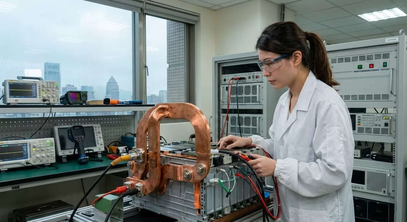 Automotive testing engineer conducting high-current physical measurements on an EV battery busbar prototype to validate multiphysics simulation accuracy.