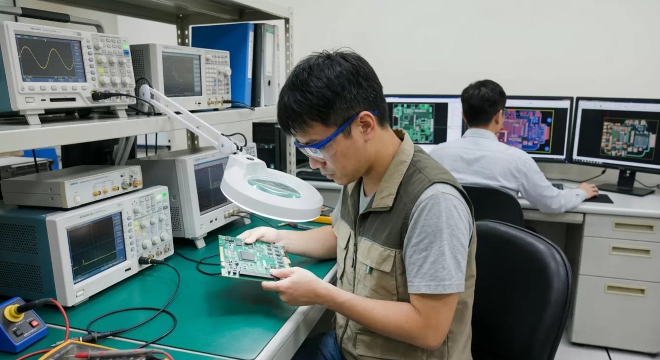 Hardware engineers inspecting a physical PCB prototype in an electronics testing lab to validate high-speed EDA design and simulation accuracy.