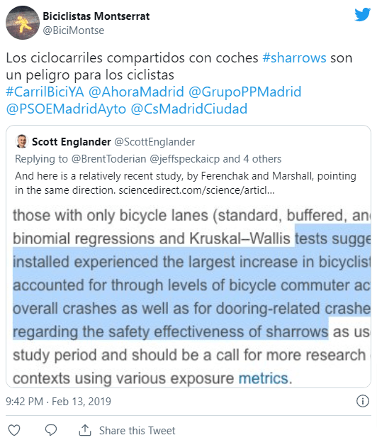 Captura de tweet de PlumX. Cuenta Española comparte el estudio de Chicago sobre sharrows.