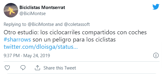 Captura de tweet de PlumX. Cuenta Española comparte el estudio de Chicago sobre sharrows.