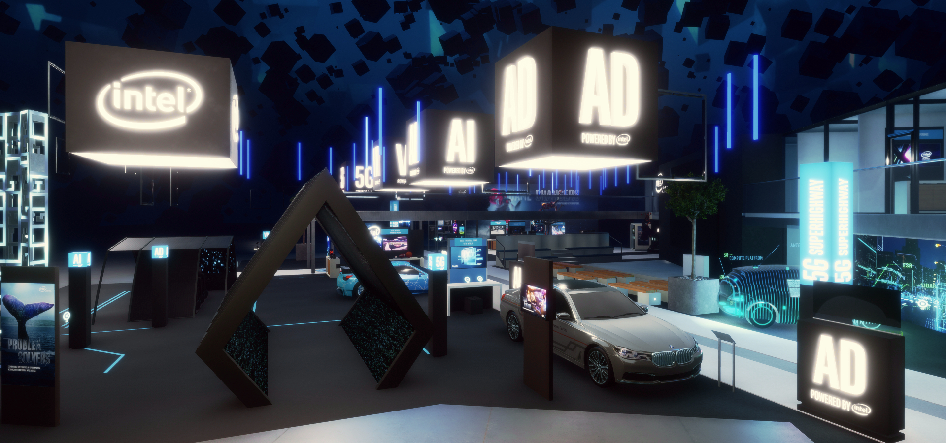 The Intel CES booth at the 2018 Consumer Electronics Show in Las Vegas, recreated in Sansar as a part of the show