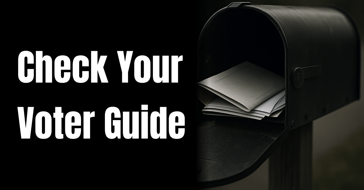 An open curbside mailbox with mail inside, beside the headline Check Your Voter Guide.