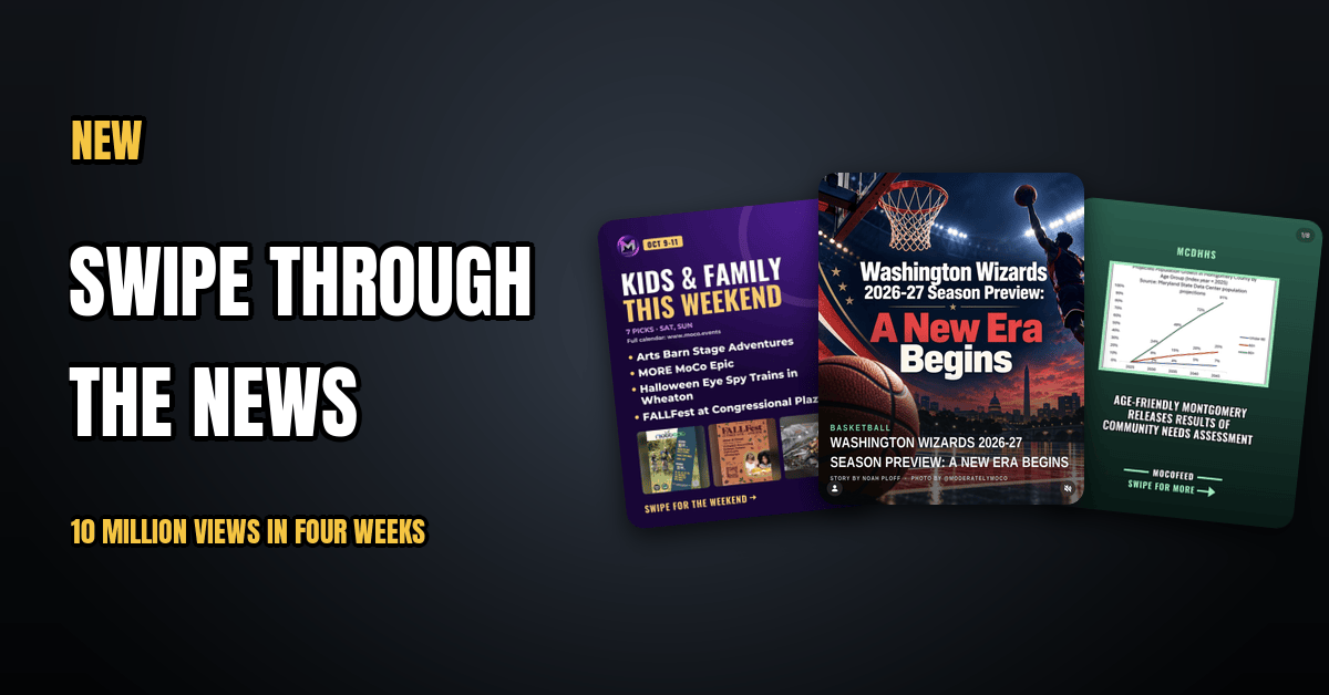Three story slideshow cards fanned side by side: a Moderately MOCO weekend family guide, a Capital Sideline Washington Wizards season preview, and a MoCo Feed county health report