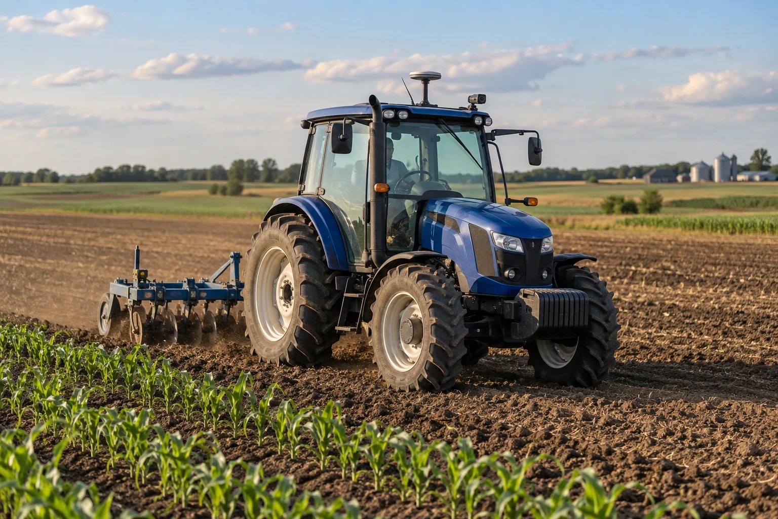 Tractor with guidance and camera equipment working parallel lanes in a Midwest field