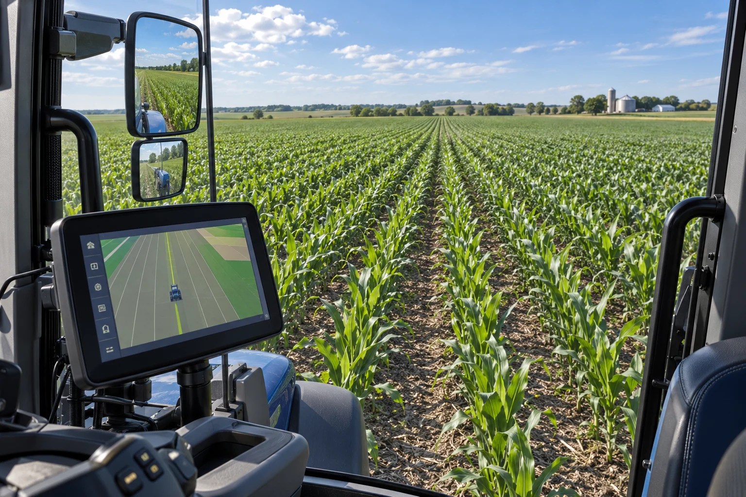 Tractor guidance display overlooking straight rows of healthy corn