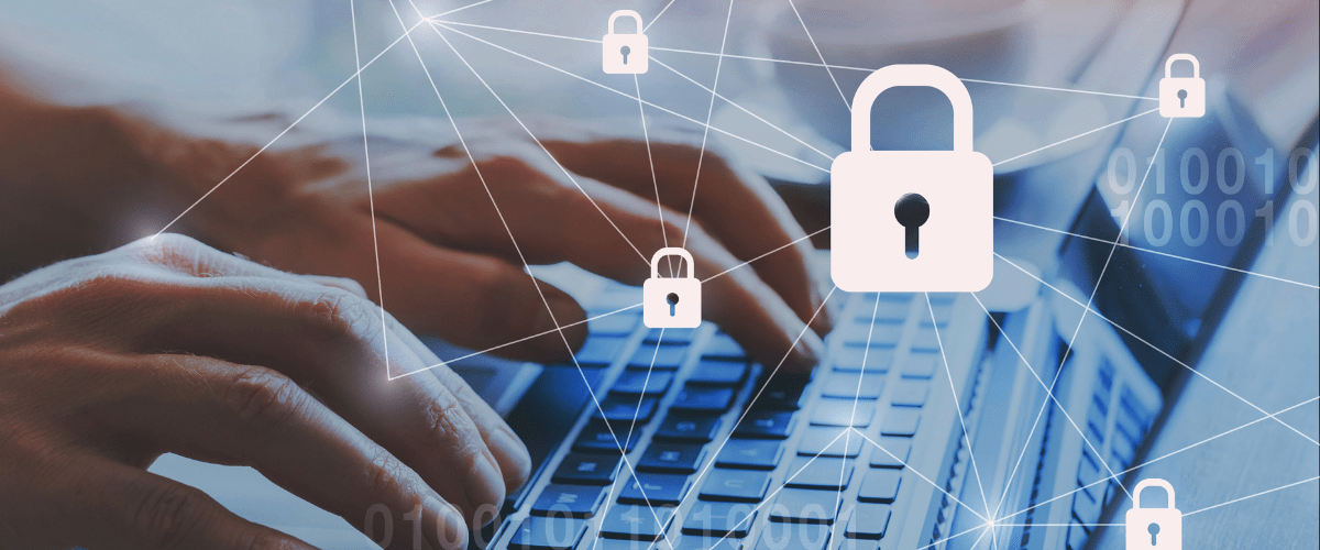 person typing on keyboard with padlocks as dots on connections meant to depict internet connections and Modern Learners Commitment to your privacy